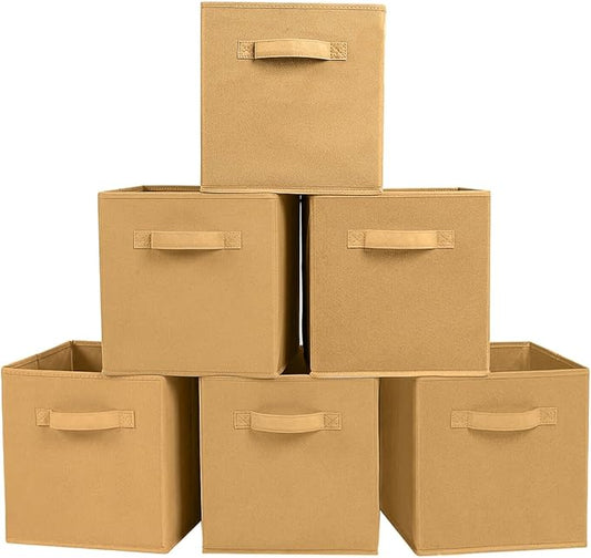 PowerKing Collapsible Storage Cubes with Handles, Fabric Foldable Bins for Closet Shelves, Durable Organization Storage Bins, 10.5'' x 11'' x 10.5'' (Khaki, 6Pack)