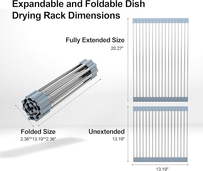 20.27 x 13.19 Inch Roll Up Dish Drying Rack, Expandable Over Sink Drying Rack 304 Stainless Steel Drainer for Counter Kitchen Home RV Essentials Foldable Over Sink Drying Rack, Grey