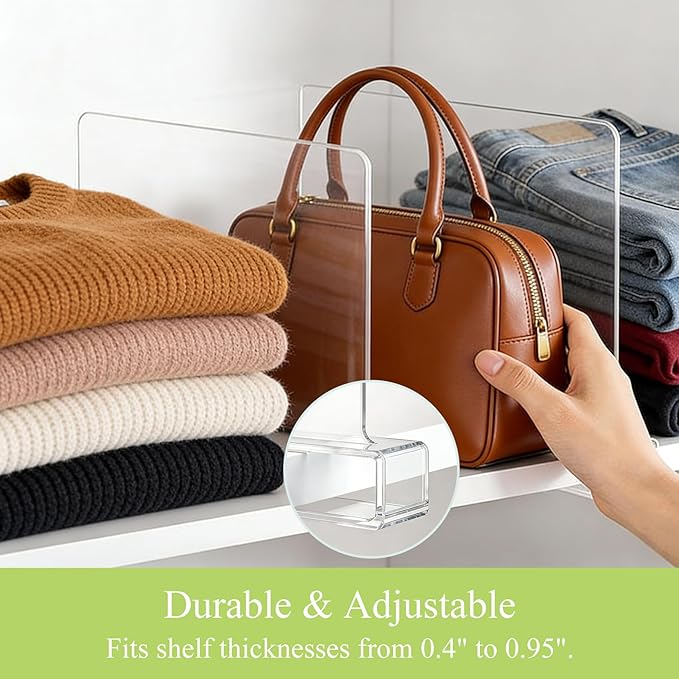 Acrylic Shelf Dividers for Closet Organization: Clear Handbag Purse Organizer for Closet - Shelf Separators for Sweater Sweatshirt Clothes Towel in Bedroom Kitchen, 4Pack