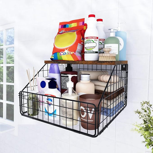 MSJGA Laundry Room Shelves Wall Mounted with Storage Basket - Farmhouse Stackable Wire Wall Shelves Organizer for Towels, Detergent, Tissues | Space-Saving Over Washer & Dryer(11.8" Wx12 Dx8.5 H)