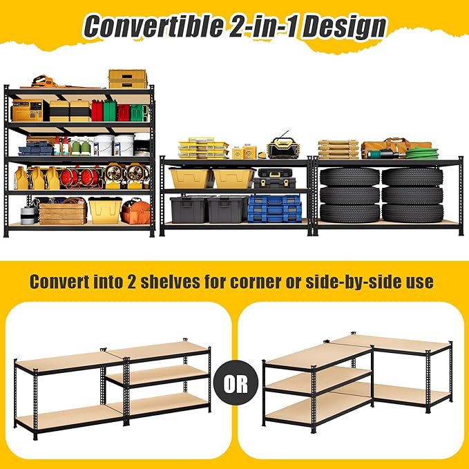 48" W x 24" D x 72" H Garage Shelving Heavy Duty: 5 Tier Metal Storage Shelves - Adjustable Shelving Unit, Utility Rack Shelf for Pantry, Warehouse, Office, Kitchen, Black, 2PCS