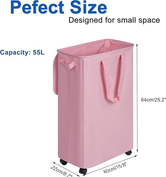 Vincona Slim Laundry Hamper with Lid and Wheels, Small Rolling Laundry Basket with Handle for Small Spaces, Tall Dirty Clothes Hampers for Dorm, Bathroom and Bedroom, 55L, Pink