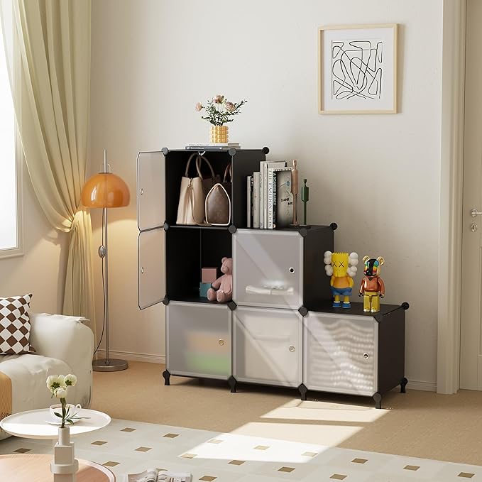 Cube Storage Organizer, 6-Cube Shelves Unit with Doors, DIY Stackable Plastic Clothes Organizer for Bedroom and Under Stairs Storage Unit, Each Compartment 30 x 30 x 30 cm Black ATTSL6001