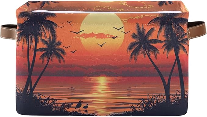 xigua Summer Palm Trees Storage Basket Collapsible Storage Bins Waterproof Canvas Storage Basket with Leather Handles for Home Closets Offices,Bedrooms,Gift Baskets,1PCS