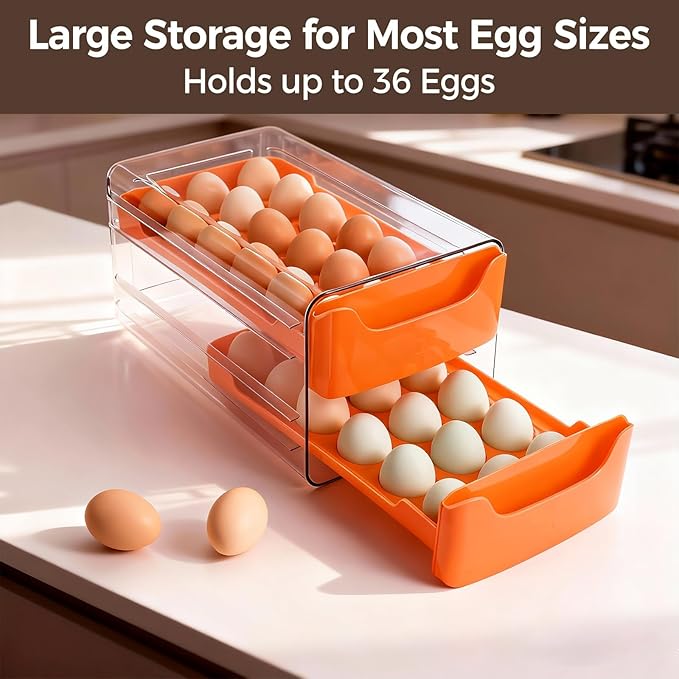 36-Egg-Holder for Fridge, Egg-Storage for Refrigerator Countertop, 2 Tier Dispenser with Drawer, Stackable Clear Egg Tray Container, Egg Organizer, Fits Large Eggs, Orange