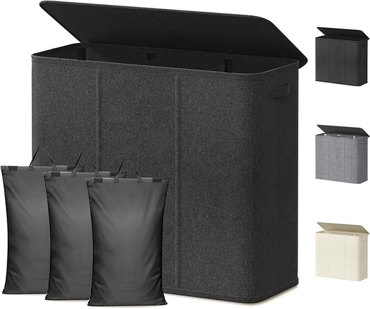 Lifewit Triple Laundry Hamper with Lid and Removable Laundry Bags, Large Collapsible 3 Dividers Dirty Clothes Basket with Handles for Bedroom, Laundry Room, Closet, Bathroom, College, 180L Dark Gray