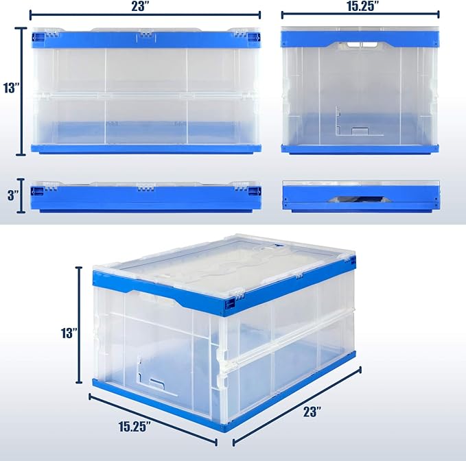 Mount-It! Collapsible Storage Bin with Attached Lid [65 Liter] Folding Crate, Durable Plastic Container, Trunk Storage, Box (23x15x13 Inches), Clear & Blue