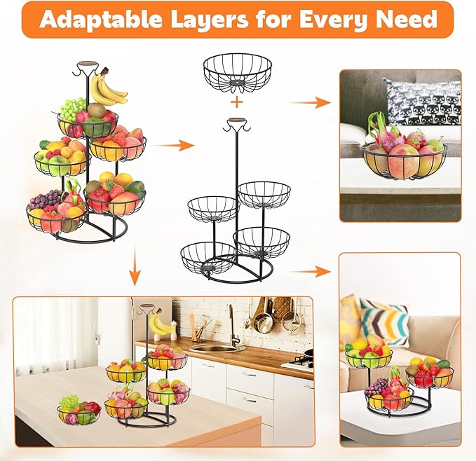 PouHenier.jh 5 Tier Fruit Basket Tower Stand with Banana Hanger for Kitchen Counter, Vegetable Tiered Shelf for Countertop, Tall Standing Produce Holder for Potato, Onion with Stable Base (Black)