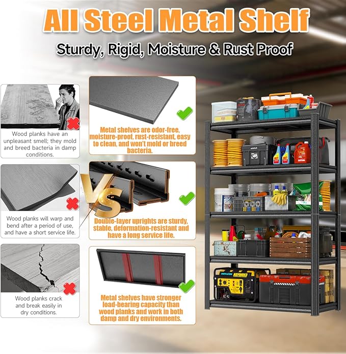 PRESTELION Garage Shelving Heavy Duty 3500LBS Garage Storage Shelves 5-Tier Adjustable Metal Shelving Units for Industrial, Warehouse, Basement, Commercial, 63" H × 48" W × 24" D, Black