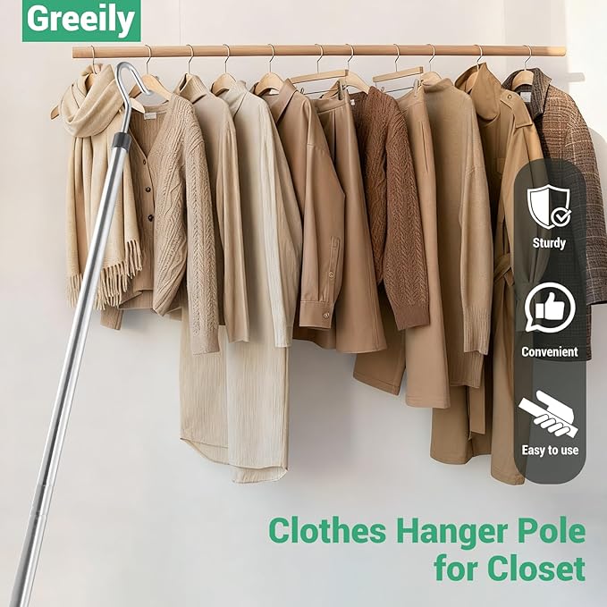 Clothes Hook Pole, High Reach Garment Hook for Hanging Clothes Light and Plants Extendable from 35" to 50" Made of Stainless Steel Tube with Sponge Handle(1)