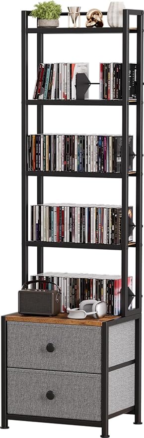 CD Storage Rack with Drawer, 5-Tier DVD Organizer Shelf w/Adjustable Book Stoppers, Media Storage Rack for CD/DVD, Books & Games, Ideal for Living Room & Home Office – 15.7x11.8x56.5Inches