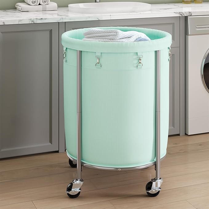 ELYKEN 190L Laundry Basket with Wheels, Large Rolling Laundry Hamper with Removable Liner Bag, Round Rolling Laundry Cart, Dirty Clothes Hamper for Hotel, Home, Closet, Dorm, Mint Green