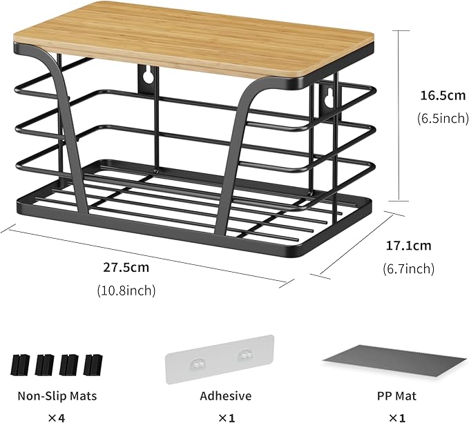 TIDIIABODE Pantry Organizers and Storage - Stackable Wire Basket with Lightweight PP Mat & Bamboo Top for Fruits Vegetables,Fruit Holder for Kitchen Countertop,Black