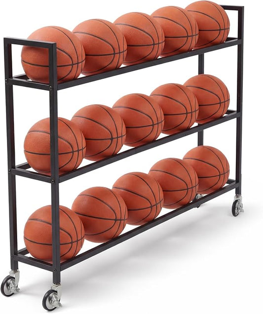 Colingmill Heavy Duty Basketball Rack with Wheels, Multi-Tier Rolling Ball Storage Cart, Sports Equipment Organizer for School, Gym, Club Shoot Training