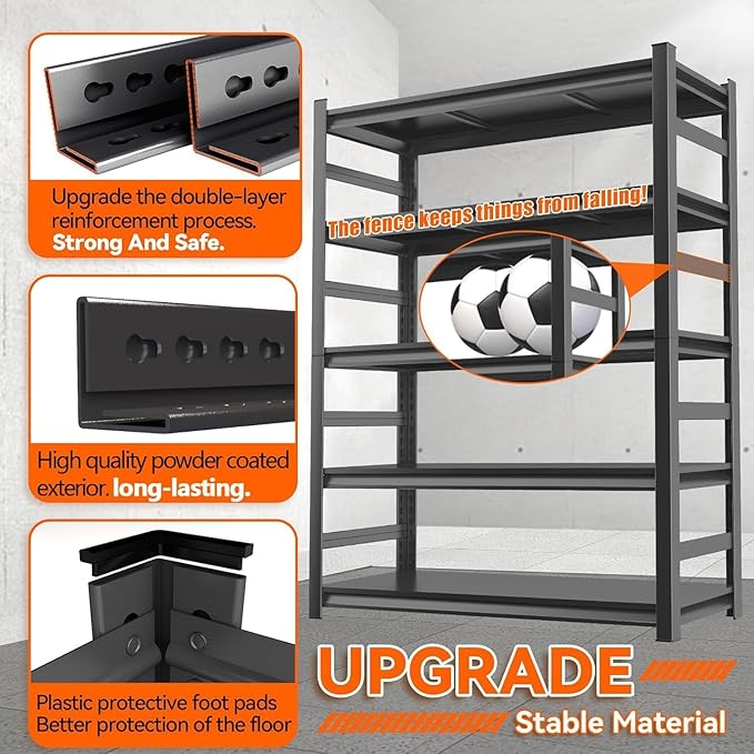 Metal Garage Shelving Unit, Heavy Duty Adjustable Storage Shelves, Steel Shelving, 3000 lbs Capacity, Industrial Shelves for Heavy Tools and Equipment, 5Tier-47.2" Wx 23.6" Dx 87.9" H