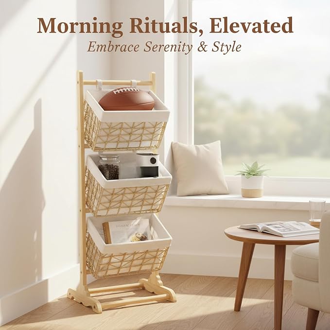3-Tier basket stand Woven Floor Shelf Stackable Baskets, Multi-story wicker Storage Organizer,Multipurpose Rattan Rack for Bedroom Living Room Kitchen, Holds Toys Books Cans, Bohemian Home Decor