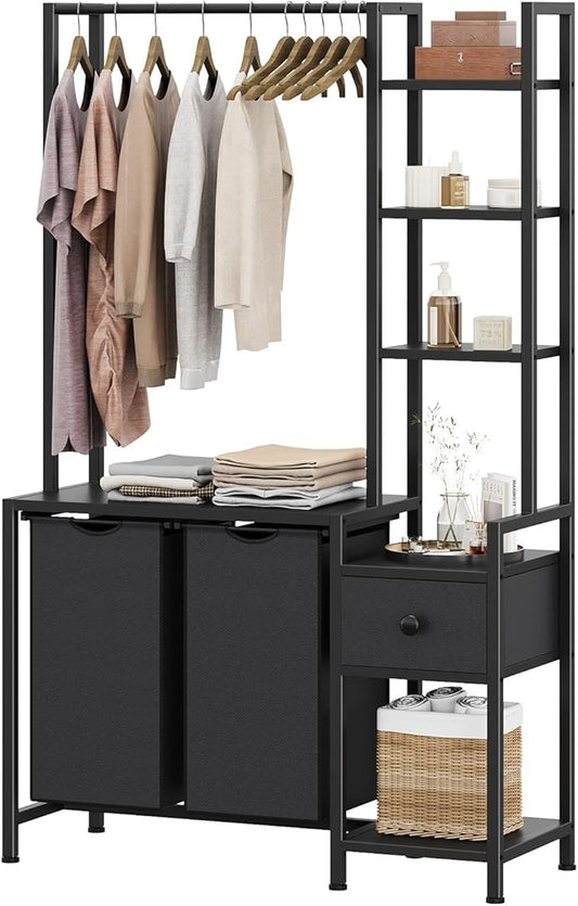 Creso hom Laundry Hamper with Shelf, 5 Tiers Tall Laundry Basket Sorter with 2 Pull-Out and Removable Bags, Clothes Rack with Laundry Sorter for Laundry Room Bathroom Bedroom, Black