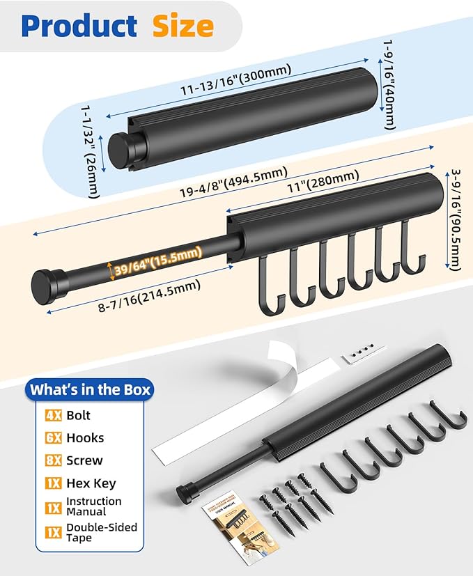 12 Inch Valet Rod for Closet Pull Out, Expandable with 6 Hooks, Closet Rod for Laundry, Bedroom & Tomorrow’s Outfit (Black, 1 Pack)