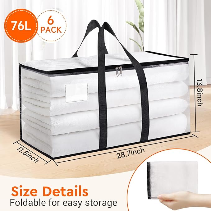 BlissTotes Clear Moving Bags Heavy Duty, 76L Extra Large Storage Bags with Zipper & Reinforced Handles, Waterproof PP Moving Totes for Clothes, Bedding, Comforters, Space Saving Storage (6 Pack)