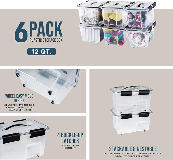 Lifemaster Stackable Storage Box Set - 6 Pieces 12 Quarts Multi-purpose, Space-Efficient Stackable Storage Boxes with Nestable Design, Secure Latches, Easy-Move Wheels & Pull-Out Base - Clear