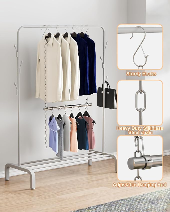 Hanging Closet Rod, Adjustable Width and Height Closet Rods Extender, 17-28inch Heavy-Duty Stainless Steel Bar, Space-Saving Closet Rod Hanging Clothes, 1Pack(Silver)