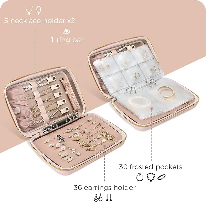 ProCase Large Travel Jewelry Organizer Case, Jewellery Home Storage Book Ring Binder with Clear Pockets for Presentation, Zippered Pouch Bag for Earrings Necklaces Bracelets -Pink