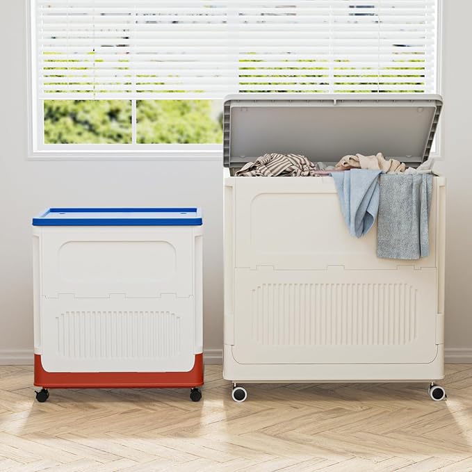 HAIXIN HOME 60L Kids Laundry Hamper with Lid, Cute Rolling Laundry Basket with Wheels & Handle, Slim Dirty Clothes Organizer for Kids Bedroom, Nursery, Bathroom, Closet, Tricolor