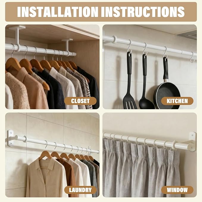 Closet Rods for Hanging Clothes Ceiling or Wall Mounted, 17–48 Inch Closet Rod Heavy-Duty Stepless Telescopic Clothes Hanging Rod for Closet Kitchen Laundry Room Living Room Balcony (White)