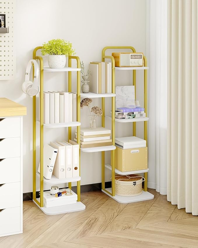 Hzuaneri 6 Tiers Vertical Shoe Rack, Narrow Shoe Tower, Tall Shoes Shelf with 2 Hooks, Adjustable Shelves, Corner Shoes Shelves for Small Spaces, Entryway, Living Room, White Gold SR04213A