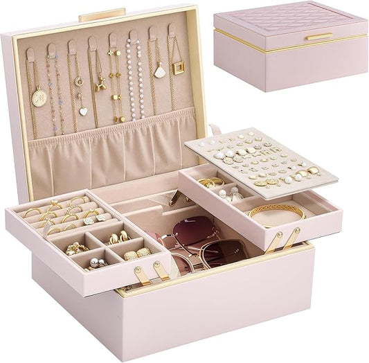 Lolalet Jewelry Box Organizer for Women Girls, 2 Layer Jewelry Organizers and Storage for Necklace Earrings Rings Bracelets, Large Jewellery Holder Case Birthday Mothers Day Gifts -Pink