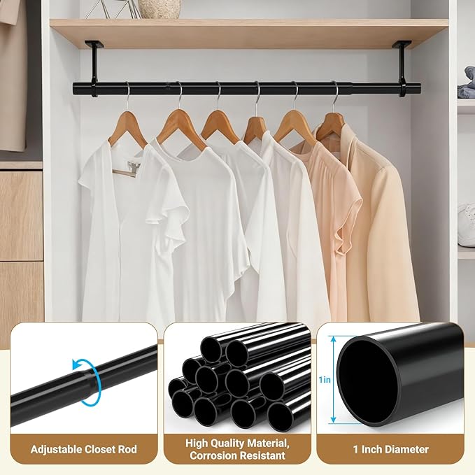Closet Rods for Hanging Clothes Ceiling or Wall Mounted, 17-95 Inch Closet Rod Heavy-Duty Stepless Telescopic Clothes Hanging Rod for Closet Kitchen Laundry Room Living Room Balcony (Black)