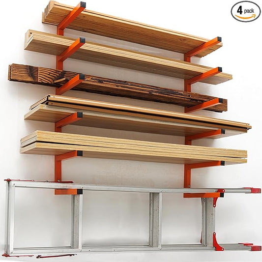 MOOMSINE Lumber Storage Rack Wall Mounted, 6-Level Holds Up 1200 Lbs Heavy Duty Wood Organizer, Metal Shelf for Shed, Workshop, Garage - 4pack, Orange