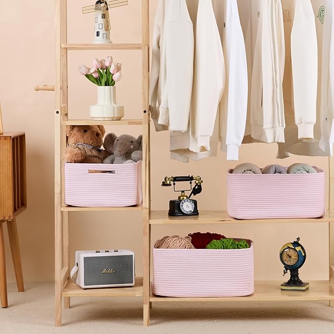 MiniArk Large Storage Baskets for Organizing, Closet Shelf Baskets for Clothes Blanket Towels, Baby Nursery, Toy Bins Box, Woven Rope Baskets, 17 x 13 x 7.5”, 4 Packs Light Pink