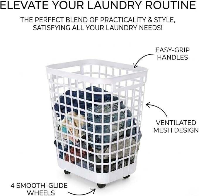 Rolling Laundry Hamper with Smooth-Glide Wheels, 2.6 Bushel Large Capacity Plastic Clothes Basket, Tall Ventilated Open-Top Bin for Easy Access, No Assembly Required Space Saving Storage, White