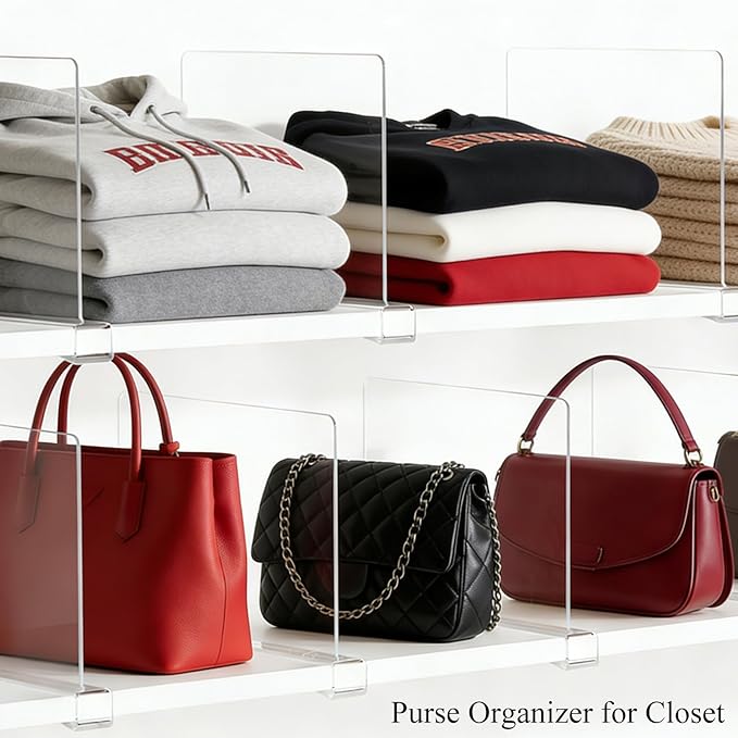 Acrylic Shelf Dividers for Closet Organization: Clear Handbag Purse Organizer for Closet - Shelf Separators for Sweater Sweatshirt Clothes Towel in Bedroom Kitchen, 12Pack