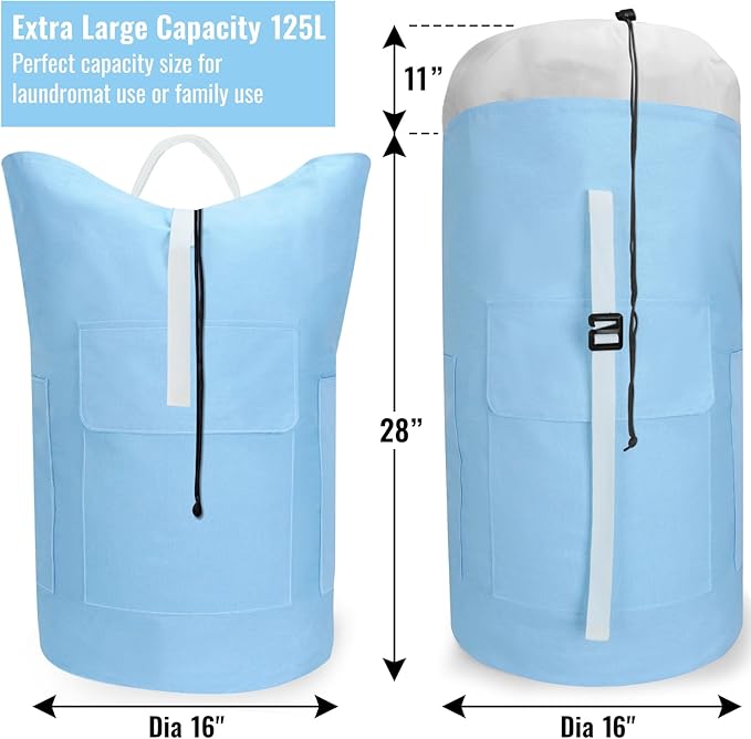 Laundry Backpack Bag 125L Extra Large, Heavy Duty for College Dorm & Apartment, Durable Thick Material Laundry Hamper with Padded Straps for Easy Carry, 3 Pockets for Travel & Laundromat (Light Blue)