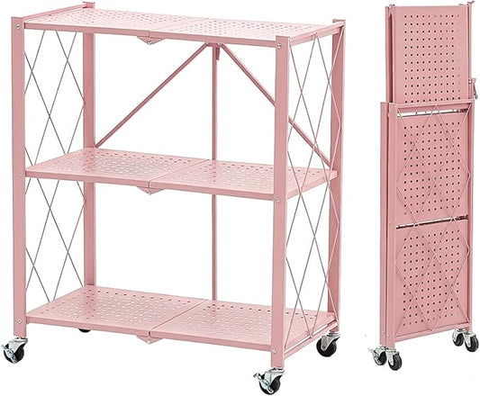 BRIAN & DANY 3-Tier Foldable Storage Shelves with Wheels, No Assembly Folding Shelf Metal Rack, Shelving Unit for Kitchen, Garage, Pink