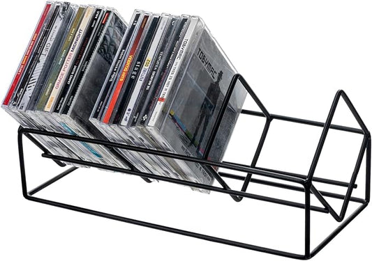 MyGift 3 Slot CD Holder Storage Stand, Video Game DVD Media Organizer Rack, Tabletop Compact Disc Shelf, CD Tower Holds 30 Jewel Cases, Modern Matte Black Metal Wire