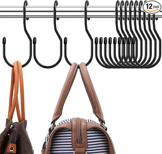 Purse Hanger for Closet, Unique Twist Design Bag Hanger Purse Hooks, 5 inch Large Size Closet Rod Hooks for Hanging Bags, Purses, Handbags, Belts, Scarves, Hats,Clothes, Pans and Pots (12 Pack Black)