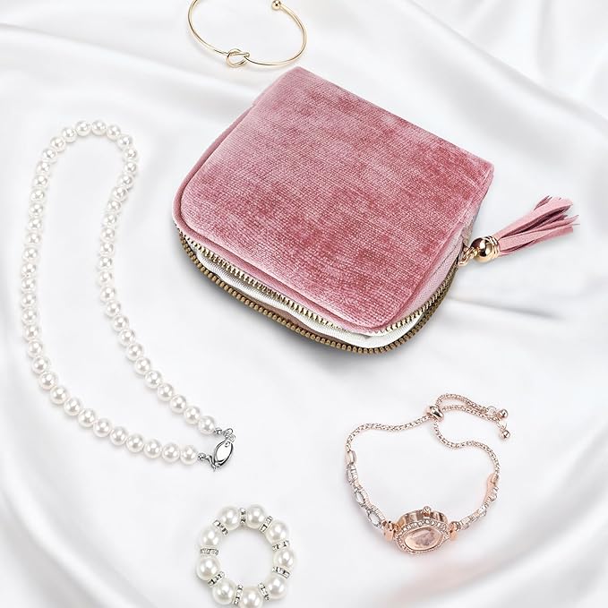 Travel Jewelry Case Small Soft Velvet Organizer Pouch Storage Bag Mini Jewelry Bag for Gemstones Bracelets Healing Crystal Earring Necklaces Pink