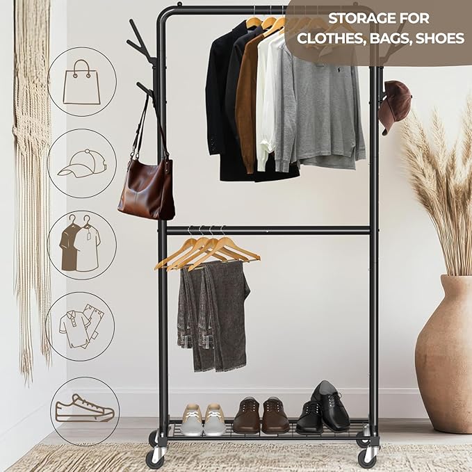 Simple Houseware Double Rod Garment Rack with Wheels and Hooks, Black