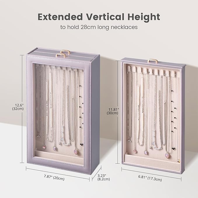 Lolalet Necklace Organizer Box, Jewelry Storage Box with Clear Window for Necklaces Bracelets, Tangle-Free Necklace Display Case for Women Girls, Mothers Day Gift