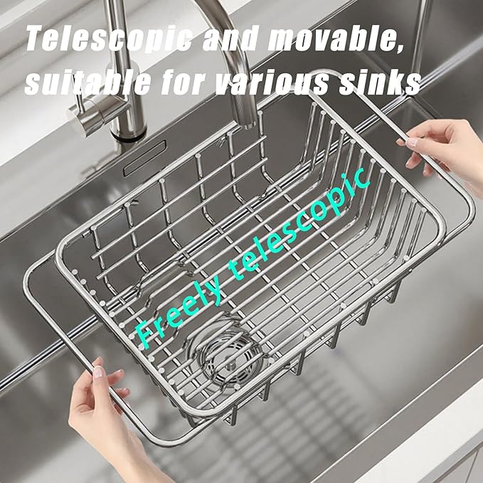 Drain Rack for Dishes Inside/Outside Sink-Expandable Stainless Steel Structure, Rubber Primer Protection, Space-Saving Kitchen Storage Tool. (Middle)