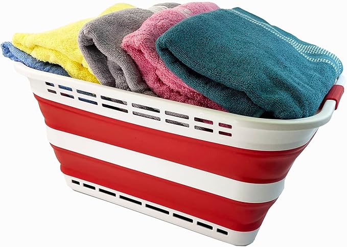 SAMMART 42L (11 gallons) Collapsible Plastic Laundry Basket - Portable Pop Up Storage Container/Organizer - Portable Hamper - Space Saving Easy Storage (White/Viva Magenta [BPA Free] (Set of 2))