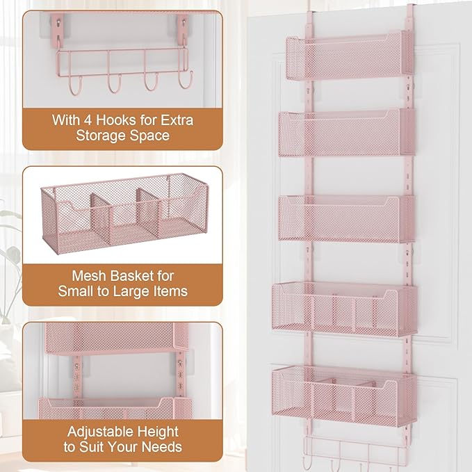 VyGrow Over The Door Organizer, Metal Door Organizer Hanging with 5 Adjustable Baskets and Coat Hook, Behind The Door Storage for Bedroom Closet Bathroom Pantry Cabinet Kitchen, Pink