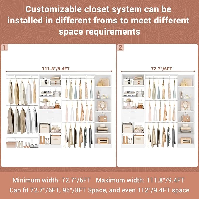 Besiost Closet System - 9.4FT/112" Closet Organizer System with Wooden Drawers,Closet Systems for Walk-In Closets with Hang Rods and Open Cabinet