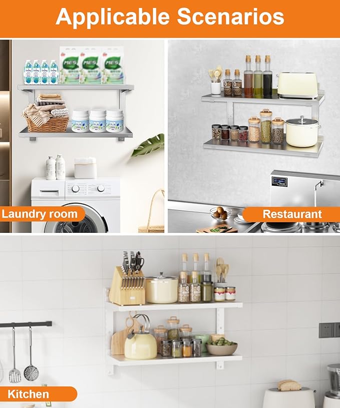 Stainless Steel Shelf, 47.2" X 12.6" Commercial Floating Wall Shelf with Brackets, 154Lbs Capacity, Adjustable Double-Layer Metal Heavy Duty Storage Rack for Restaurant, Kitchen Bar Home Hotel