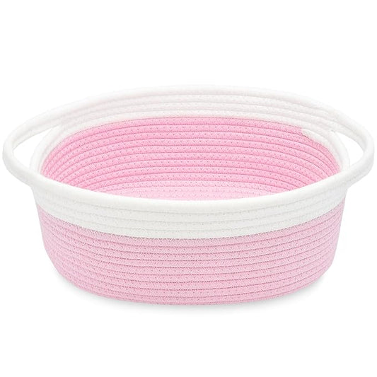 ABenkle Small Basket with Handles, Boho Decorative Rope Woven Dog Cat Toy Storage Bin Shelf Storage Organizer, Easter Christmas Gift Basket, 12"x8"x5", Pink