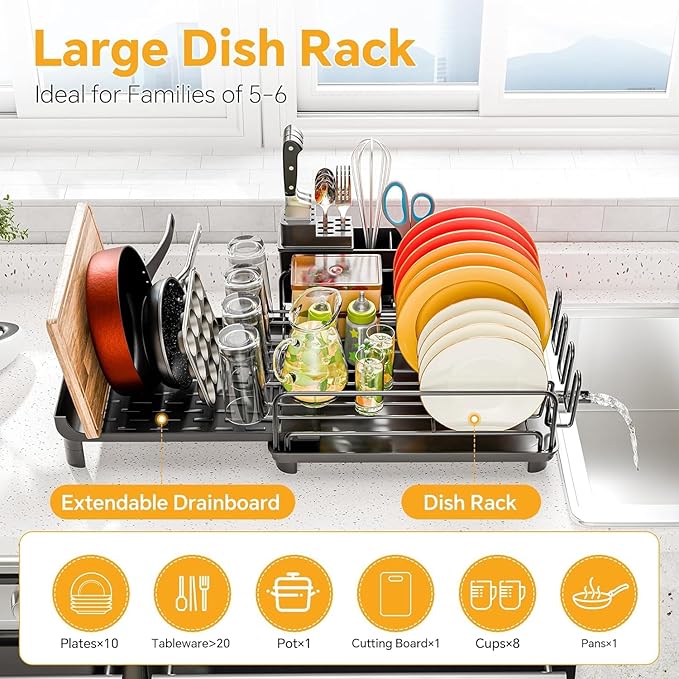 Simple Trending Extendable Dish Drying Rack, Multifunctional Dish Drainers for Kitchen Counter, Dish Strainer with Cutlery & Cup & Utensil Holder, Black