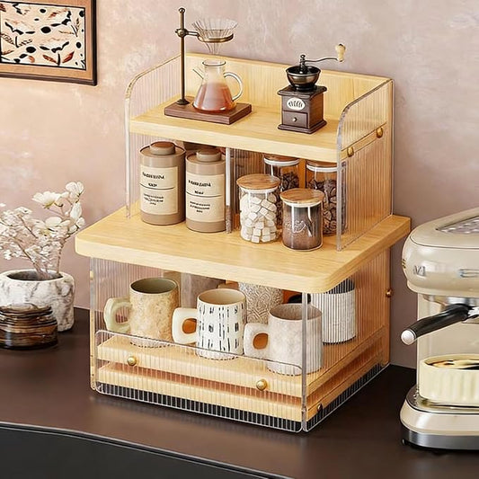 Acrylic Coffee Cup Display Shelf, Multi-Layer Countertop Mug Organizer with Pull-Out Drawer, Retro Water-Ripple Design, 2-Tier Storage Rack for Kitchen, Coffee Bar (Original Wood with Acrylic)